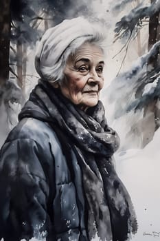 A 70-year-old European woman is being portrayed in a snowy forest. (generative AI)