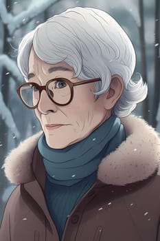 A 70-year-old European woman is being portrayed in a snowy forest. (generative AI)