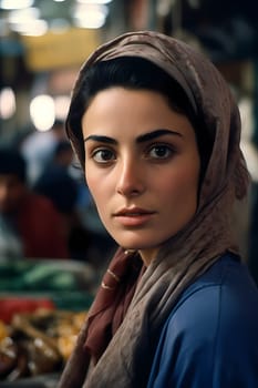 A sophisticated Middle Eastern woman of 35 years old is shopping for spices and fabrics in a vibrant traditional market. (generative AI)
