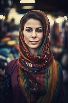 A sophisticated Middle Eastern woman of 35 years old is shopping for spices and fabrics in a vibrant traditional market. (generative AI)