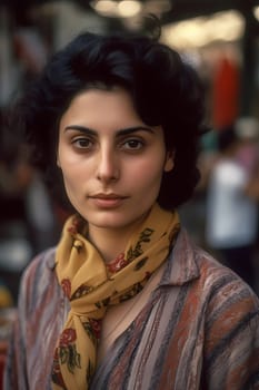 A sophisticated Middle Eastern woman of 35 years old is shopping for spices and fabrics in a vibrant traditional market. (generative AI)