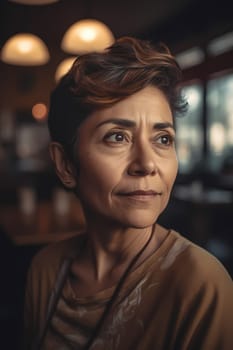 A middle-aged Latina woman is captured inside a cozy coffee shop. (generative AI)