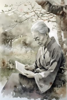 A 70-year-old Japanese woman is captured immersed in a book surrounded by a traditional garden (generative AI)