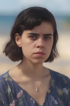 A teenage Caucasian girl is captured at a picturesque beach. (generative AI)