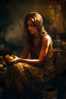 A sophisticated Middle Eastern woman of 35 years old is shopping for spices and fabrics in a vibrant traditional market. (generative AI)