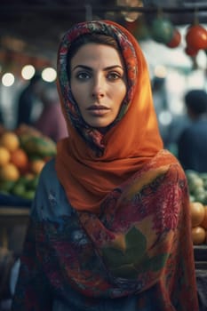A sophisticated Middle Eastern woman of 35 years old is shopping for spices and fabrics in a vibrant traditional market. (generative AI)