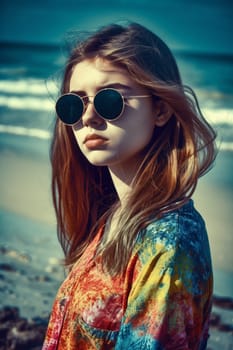 A teenage Caucasian girl is captured at a picturesque beach. (generative AI)
