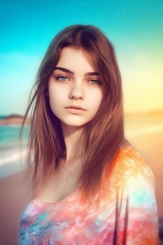 A teenage Caucasian girl is captured at a picturesque beach. (generative AI)