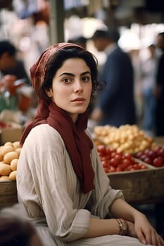 A sophisticated Middle Eastern woman of 35 years old is shopping for spices and fabrics in a vibrant traditional market. (generative AI)