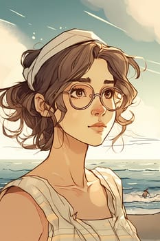 A teenage Caucasian girl is captured at a picturesque beach. (generative AI)