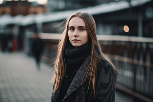 A teenage Caucasian girl is captured at a picturesque beach. (generative AI)