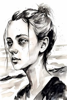 A teenage Caucasian girl is captured at a picturesque beach. (generative AI)