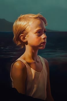 A teenage Caucasian girl is captured at a picturesque beach. (generative AI)