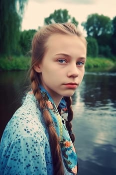 A teenage Russian girl with long red hair stands by a river with a bridge in the background. (generative AI)