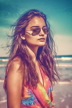 A youthful Hispanic woman of 19 years old stands on a sandy beach with the sea in the background. (generative AI)