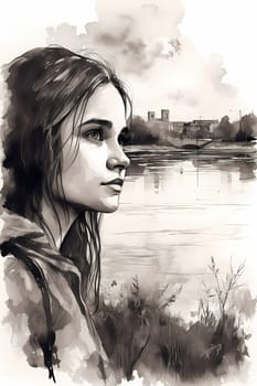 A teenage Russian girl with long red hair stands by a river with a bridge in the background. (generative AI)