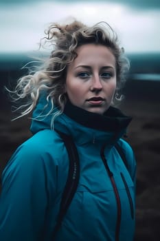 A woman 26 years old Caucasian is being portrayed in a peaceful mountain trail surrounded by trees and nature (generative AI)