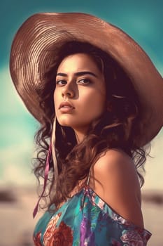 A youthful Hispanic woman of 19 years old stands on a sandy beach with the sea in the background. (generative AI)