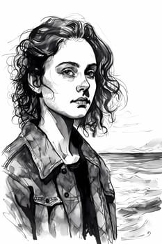 A teenage Caucasian girl is captured at a picturesque beach. (generative AI)