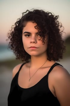A youthful Hispanic woman of 19 years old stands on a sandy beach with the sea in the background. (generative AI)