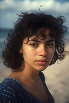 A youthful Hispanic woman of 19 years old stands on a sandy beach with the sea in the background. (generative AI)