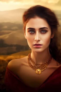 A woman 26 years old Caucasian is being portrayed in a peaceful mountain trail surrounded by trees and nature (generative AI)
