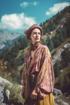 A woman 26 years old Caucasian is being portrayed in a peaceful mountain trail surrounded by trees and nature (generative AI)