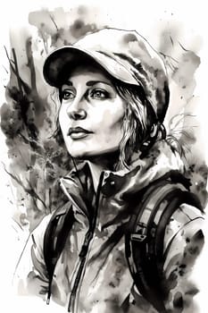 A woman 26 years old Caucasian is being portrayed in a peaceful mountain trail surrounded by trees and nature (generative AI)