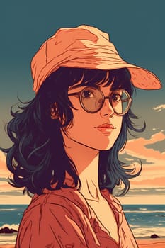 A teenage Caucasian girl is captured at a picturesque beach. (generative AI)