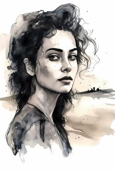 A youthful Hispanic woman of 19 years old stands on a sandy beach with the sea in the background. (generative AI)