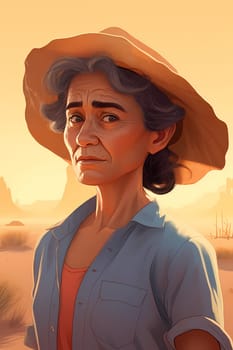 A middle-aged Hispanic woman wearing a poncho and holding a cactus is standing in a desert landscape. (generative AI)