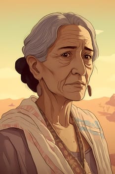 A middle-aged Hispanic woman wearing a poncho and holding a cactus is standing in a desert landscape. (generative AI)