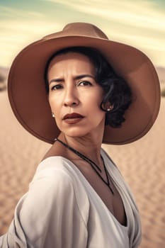 A middle-aged Hispanic woman wearing a poncho and holding a cactus is standing in a desert landscape. (generative AI)