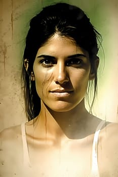 A youthful Hispanic woman of 19 years old stands on a sandy beach with the sea in the background. (generative AI)