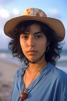 A youthful Hispanic woman of 19 years old stands on a sandy beach with the sea in the background. (generative AI)