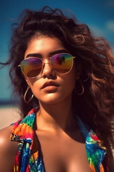 A youthful Hispanic woman of 19 years old stands on a sandy beach with the sea in the background. (generative AI)