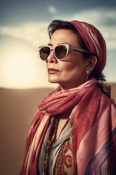 A middle-aged Hispanic woman wearing a poncho and holding a cactus is standing in a desert landscape. (generative AI)