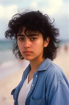 A youthful Hispanic woman of 19 years old stands on a sandy beach with the sea in the background. (generative AI)