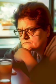 A middle-aged Latina woman is captured inside a cozy coffee shop. (generative AI)