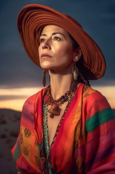 A middle-aged Hispanic woman wearing a poncho and holding a cactus is standing in a desert landscape. (generative AI)