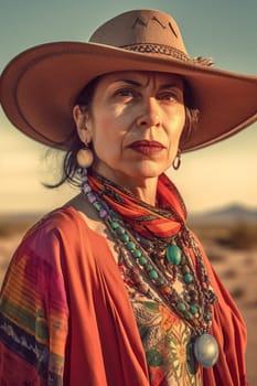 A middle-aged Hispanic woman wearing a poncho and holding a cactus is standing in a desert landscape. (generative AI)