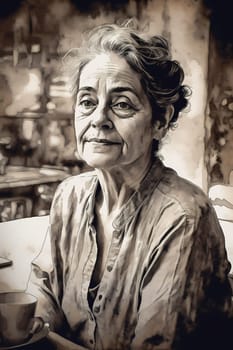 A middle-aged Latina woman is captured inside a cozy coffee shop. (generative AI)