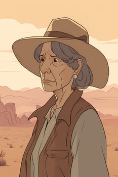 A middle-aged Hispanic woman wearing a poncho and holding a cactus is standing in a desert landscape. (generative AI)