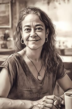 A middle-aged Latina woman is captured inside a cozy coffee shop. (generative AI)