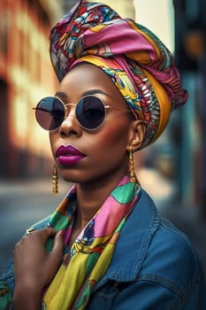 A woman 30 years old African American is being portrayed in the middle of a busy city street (generative AI)