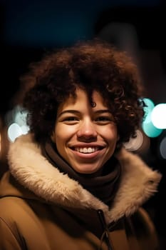 A woman 30 years old African American is being portrayed in the middle of a busy city street (generative AI)