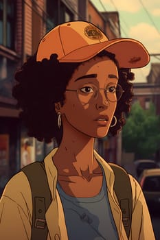 A woman 30 years old African American is being portrayed in the middle of a busy city street (generative AI)