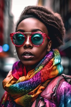 A woman 30 years old African American is being portrayed in the middle of a busy city street (generative AI)