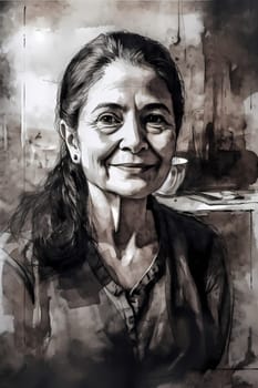 A middle-aged Latina woman is captured inside a cozy coffee shop. (generative AI)