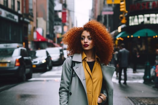A woman 30 years old African American is being portrayed in the middle of a busy city street (generative AI)
